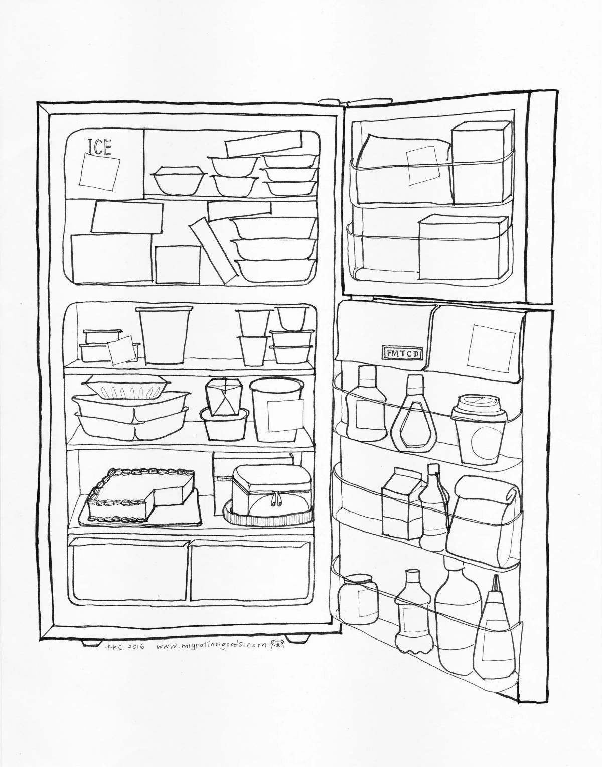 Яркая страница раскраски пустой холодильник