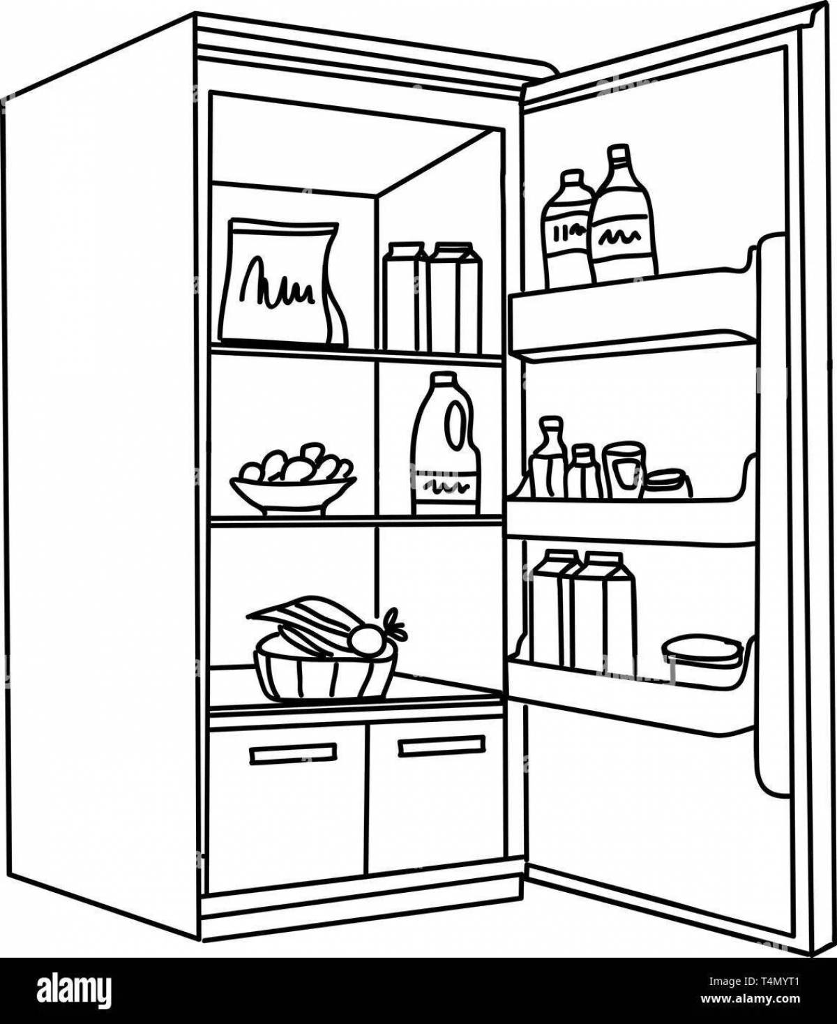 An animated coloring page with an empty refrigerator