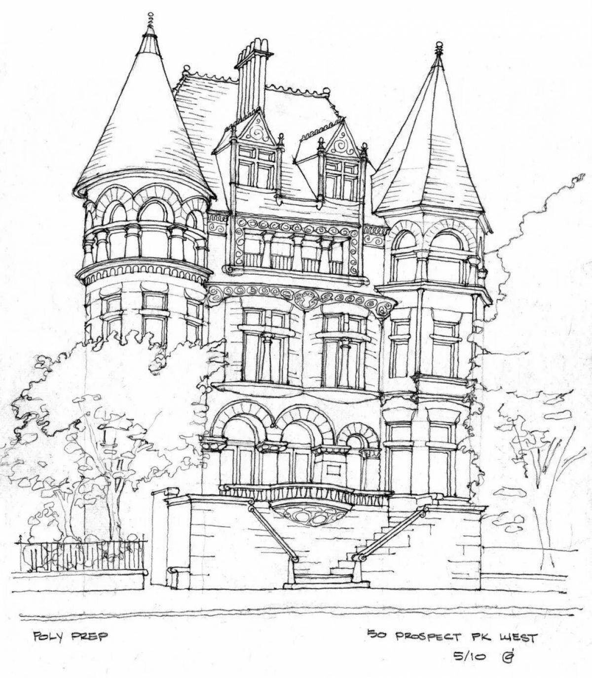 Coloring book of a magnificent gothic castle