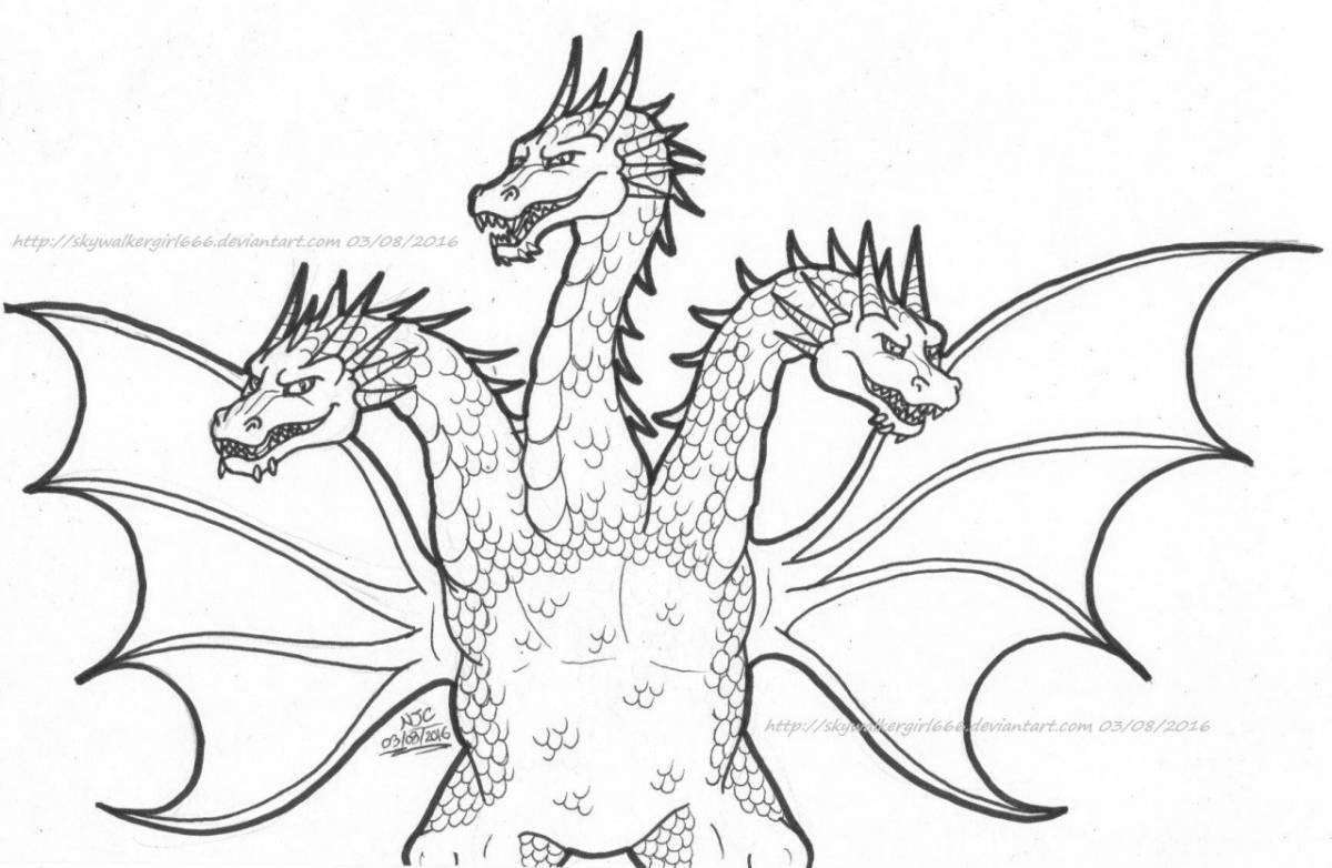 Раскраска устрашающий трехголовый дракон