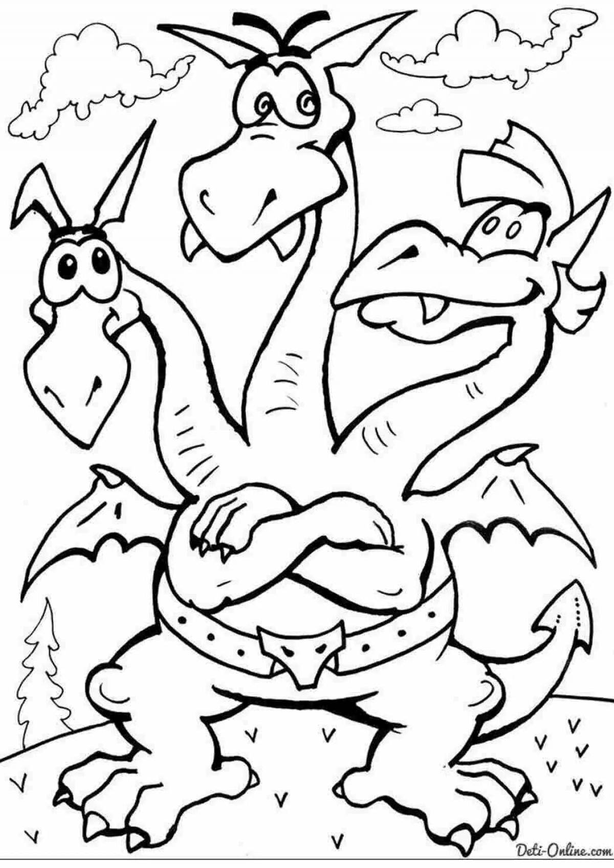 Impressive three-headed dragon coloring page