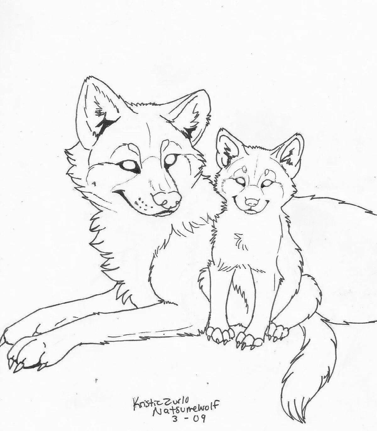 Adorable pack of wolves coloring page