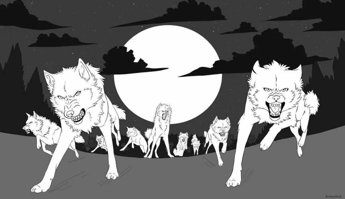 Coloring book shining pack of wolves