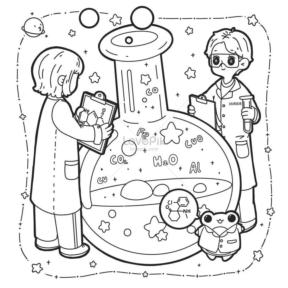 Coloring page stimulating chemistry lab