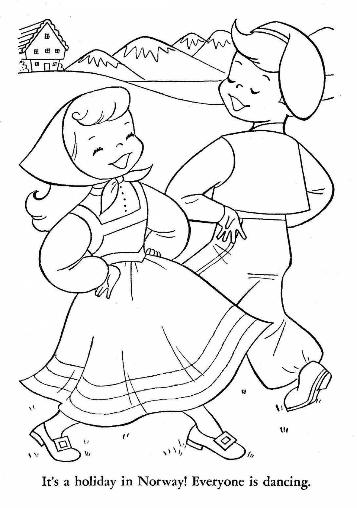 Coloring page cheerful folk dance