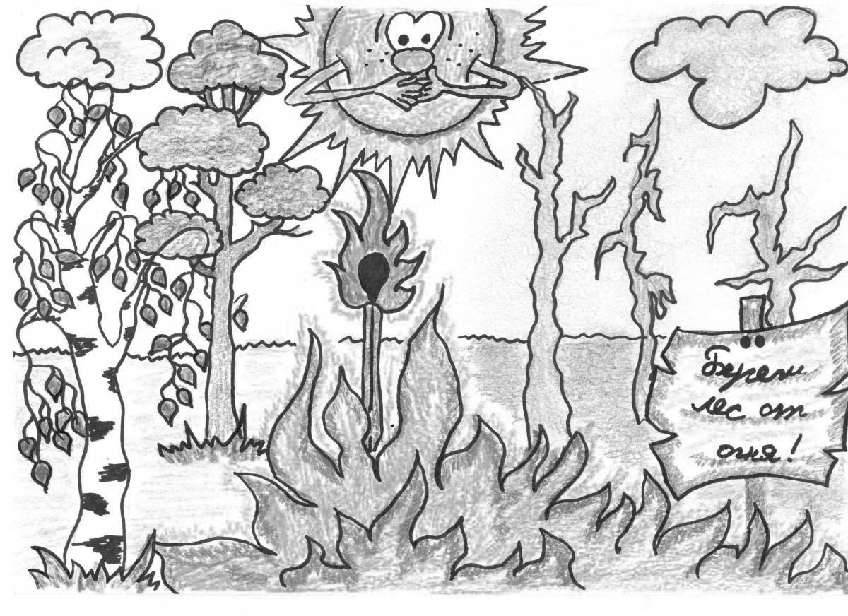 Coloring book dazzling forest fire