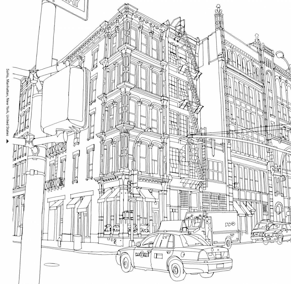 Colorful complex city coloring page