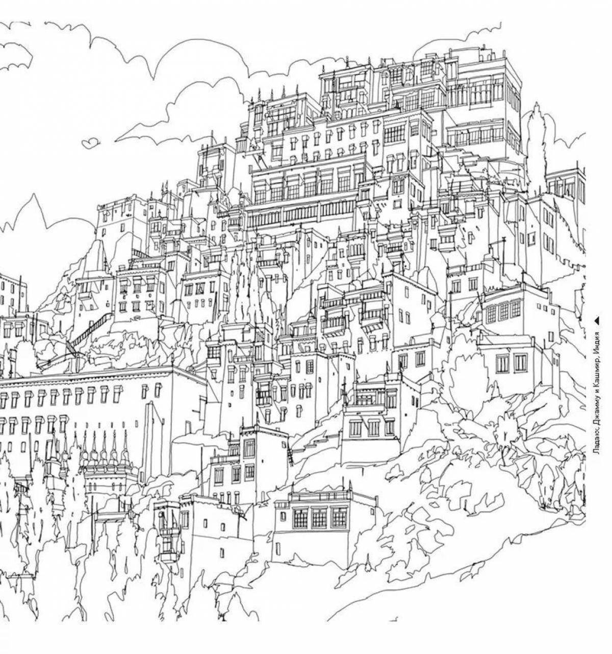 Complex city detailed coloring page