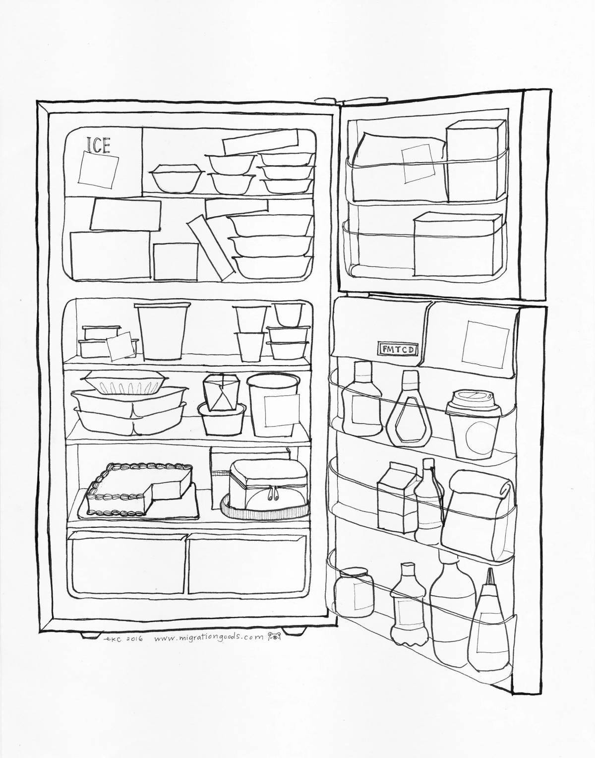 Fun coloring book with an open refrigerator