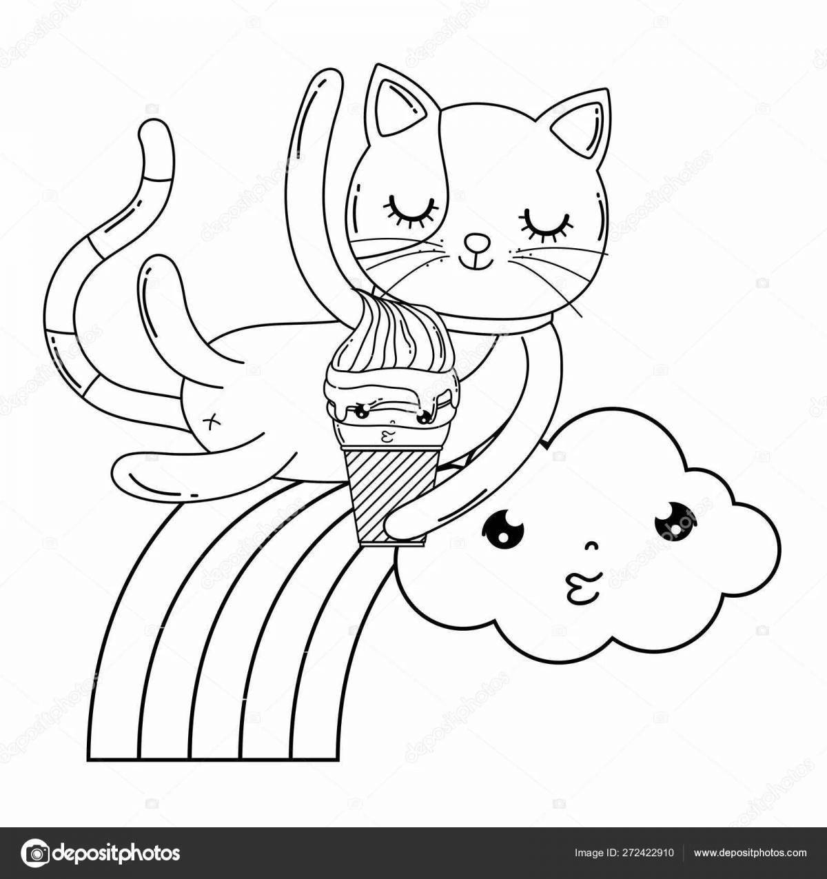 Coloring page happy rainbow kitten