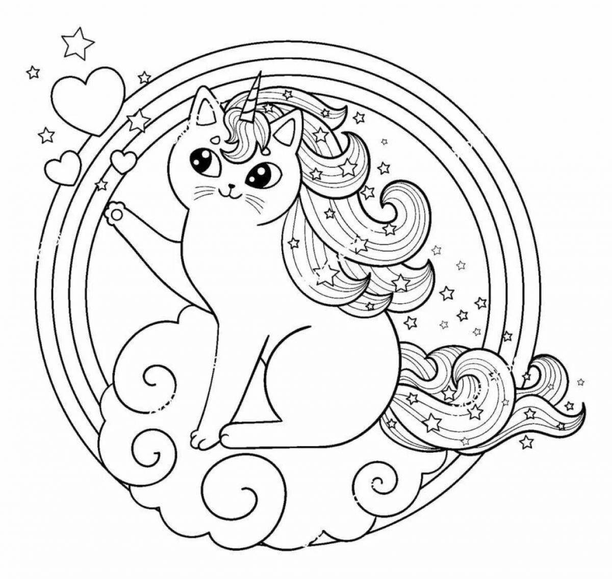 Glowing rainbow kitten coloring page