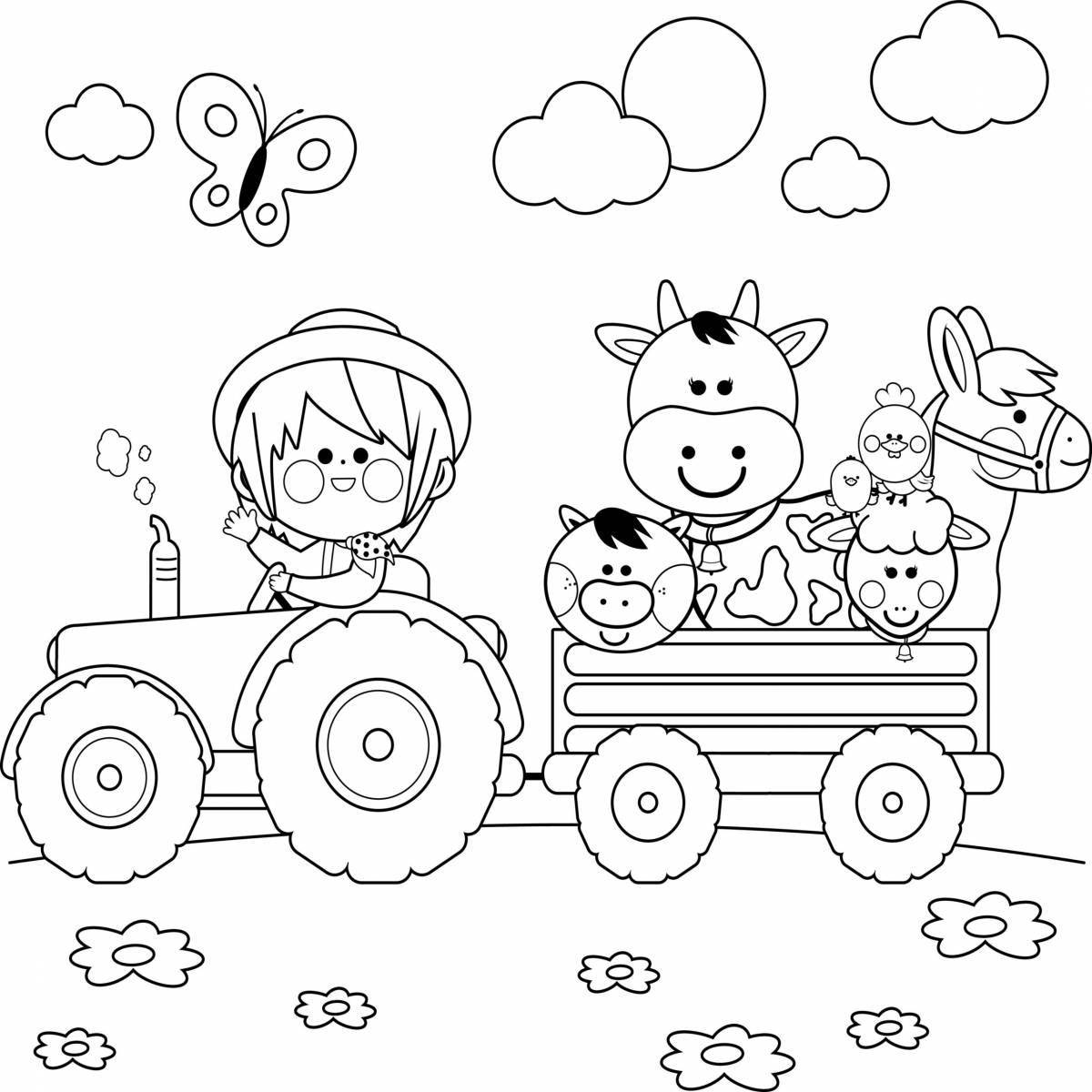 Colored explosive cartoon tractors coloring page
