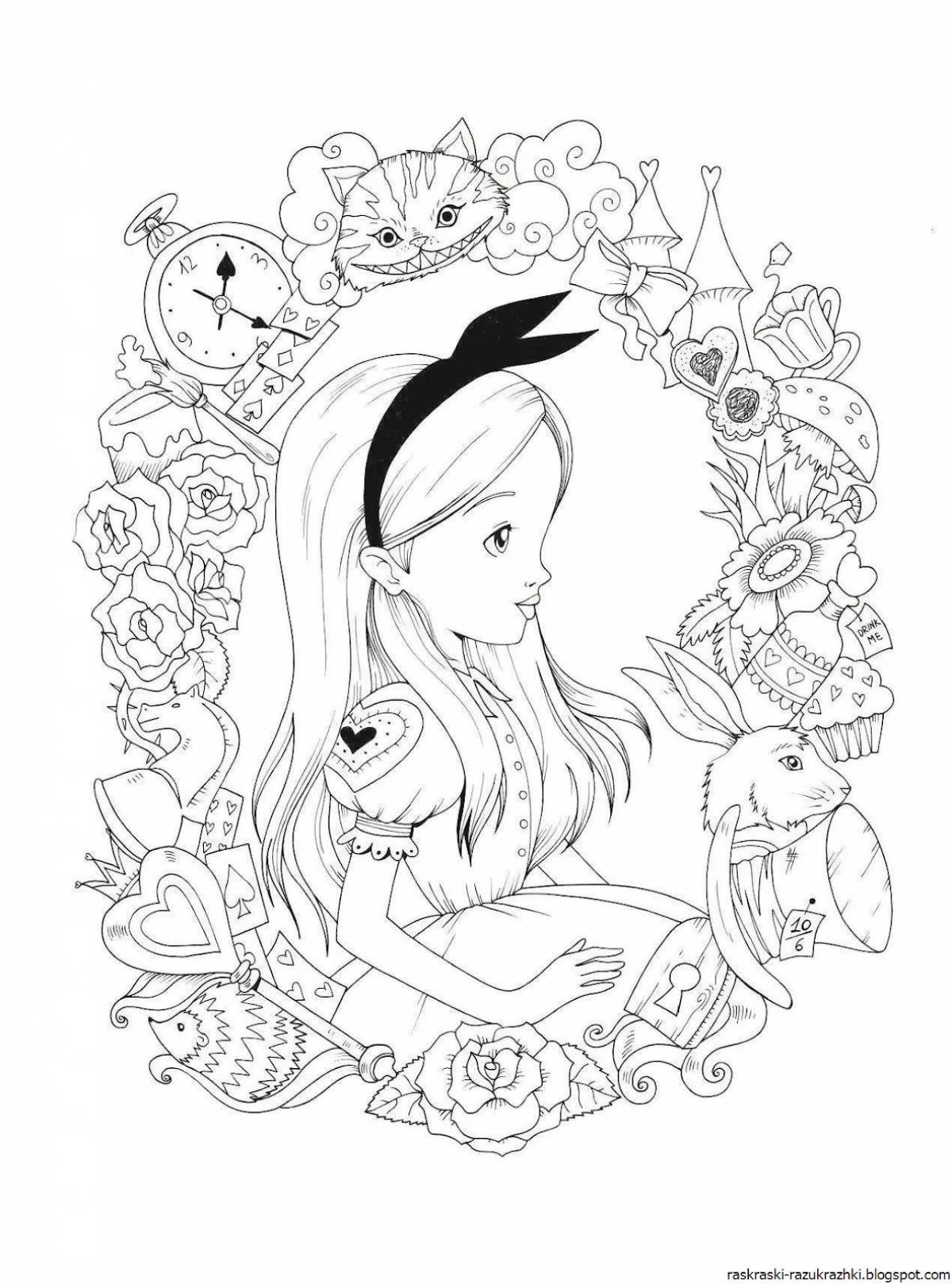 Alice coloring. Раскраски. Интересные раскраски для девочек. Красивые разукрашки для девочек. Раскраски для девочек сложные.