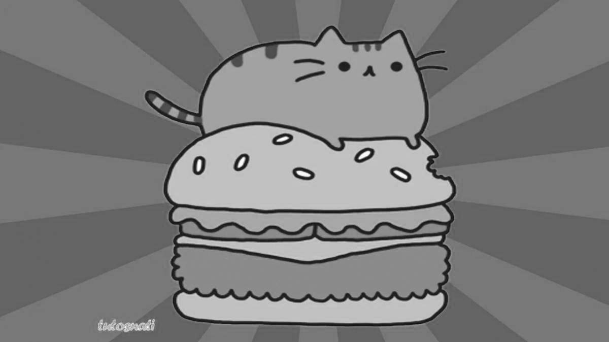 Раскраска милый бургер-кот