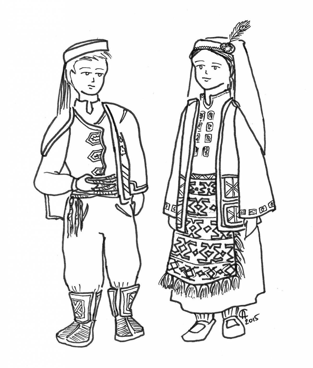 Coloring page cheerful Tula folk costume