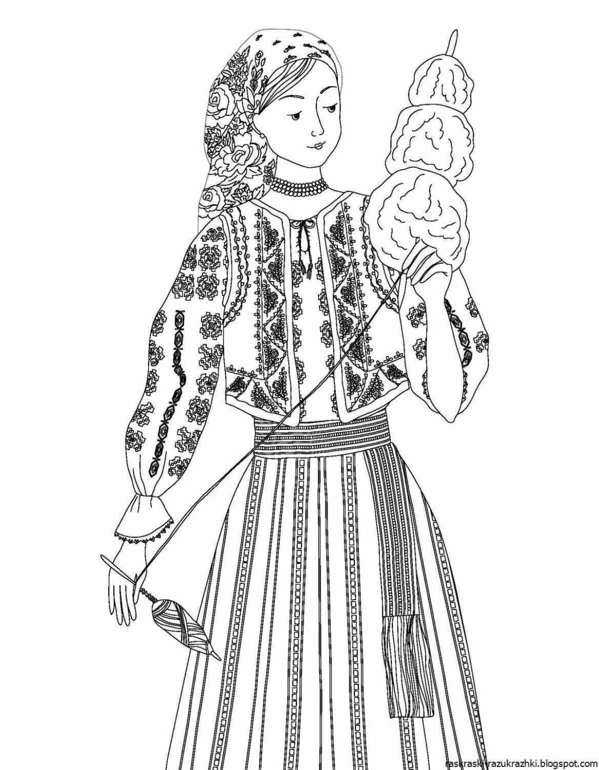 Coloring page cheerful Tula folk costume