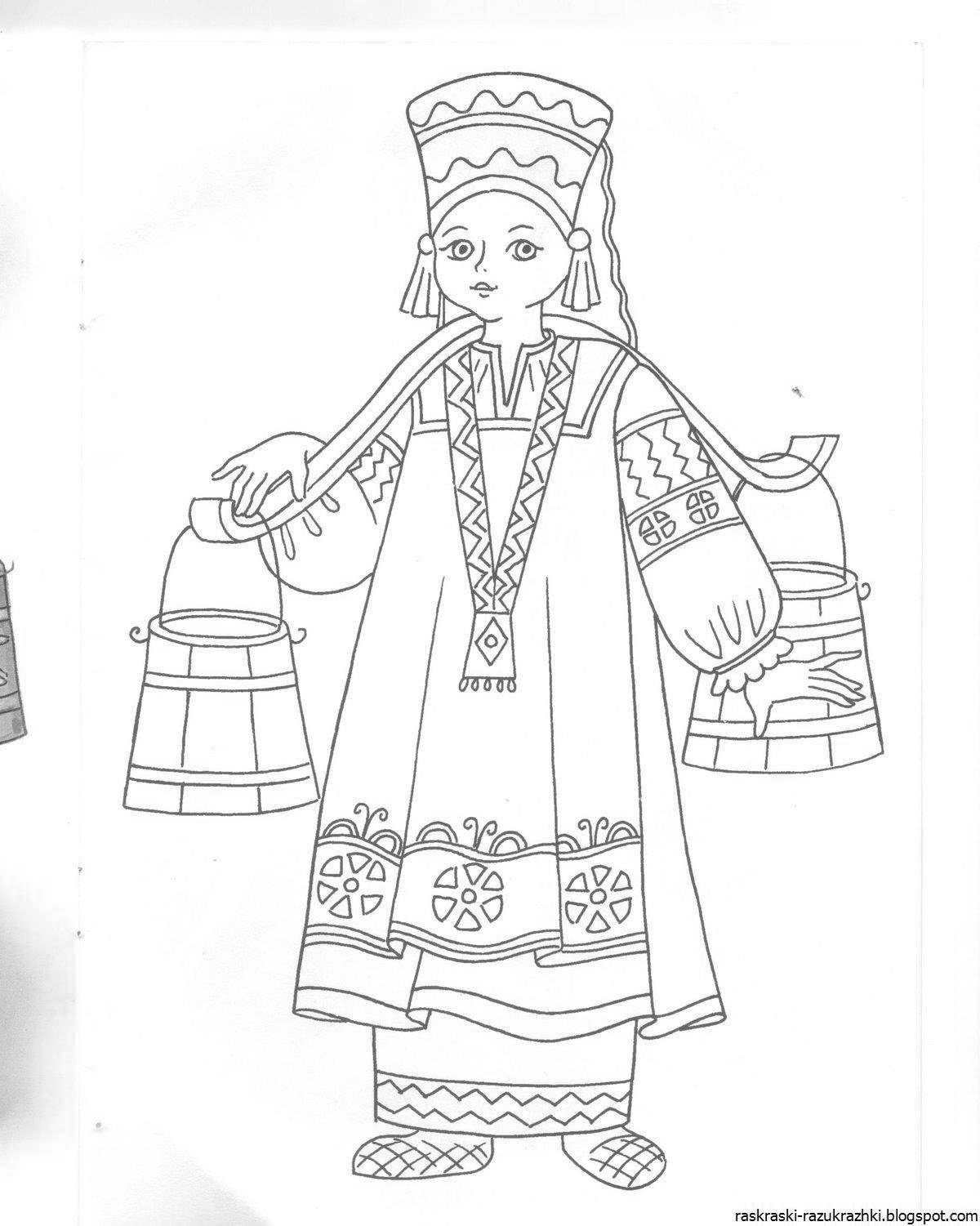 Coloring page playful Tula folk costume