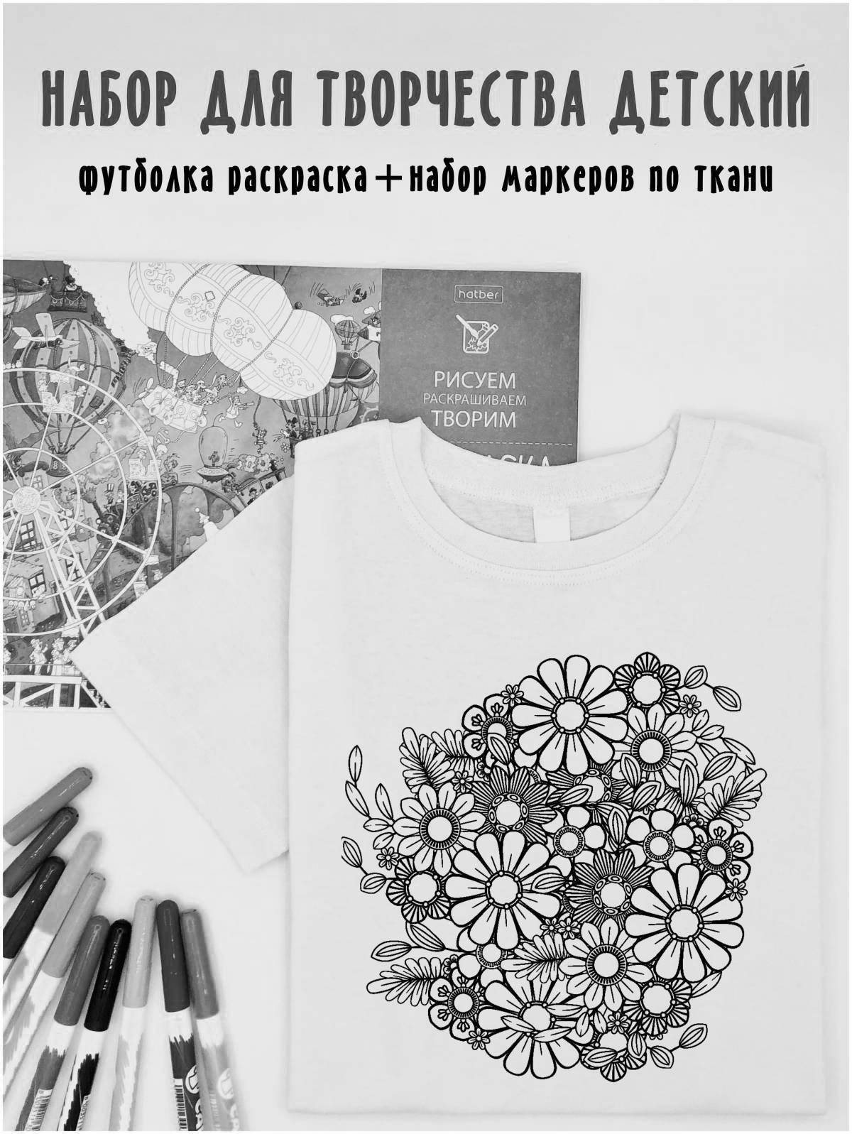 Playful t-shirt coloring page with markers