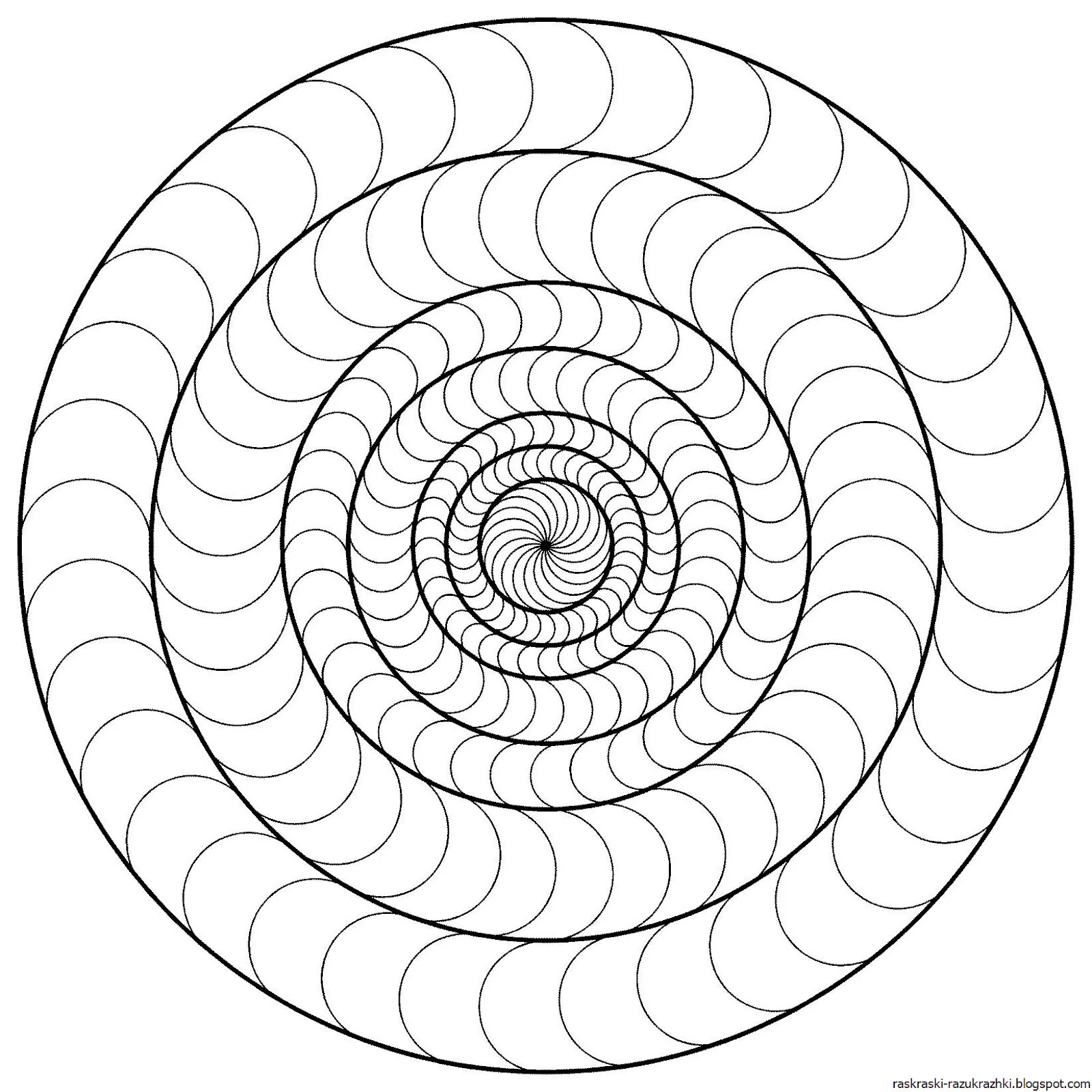 Coloring page of a spiral with a bright circular pattern