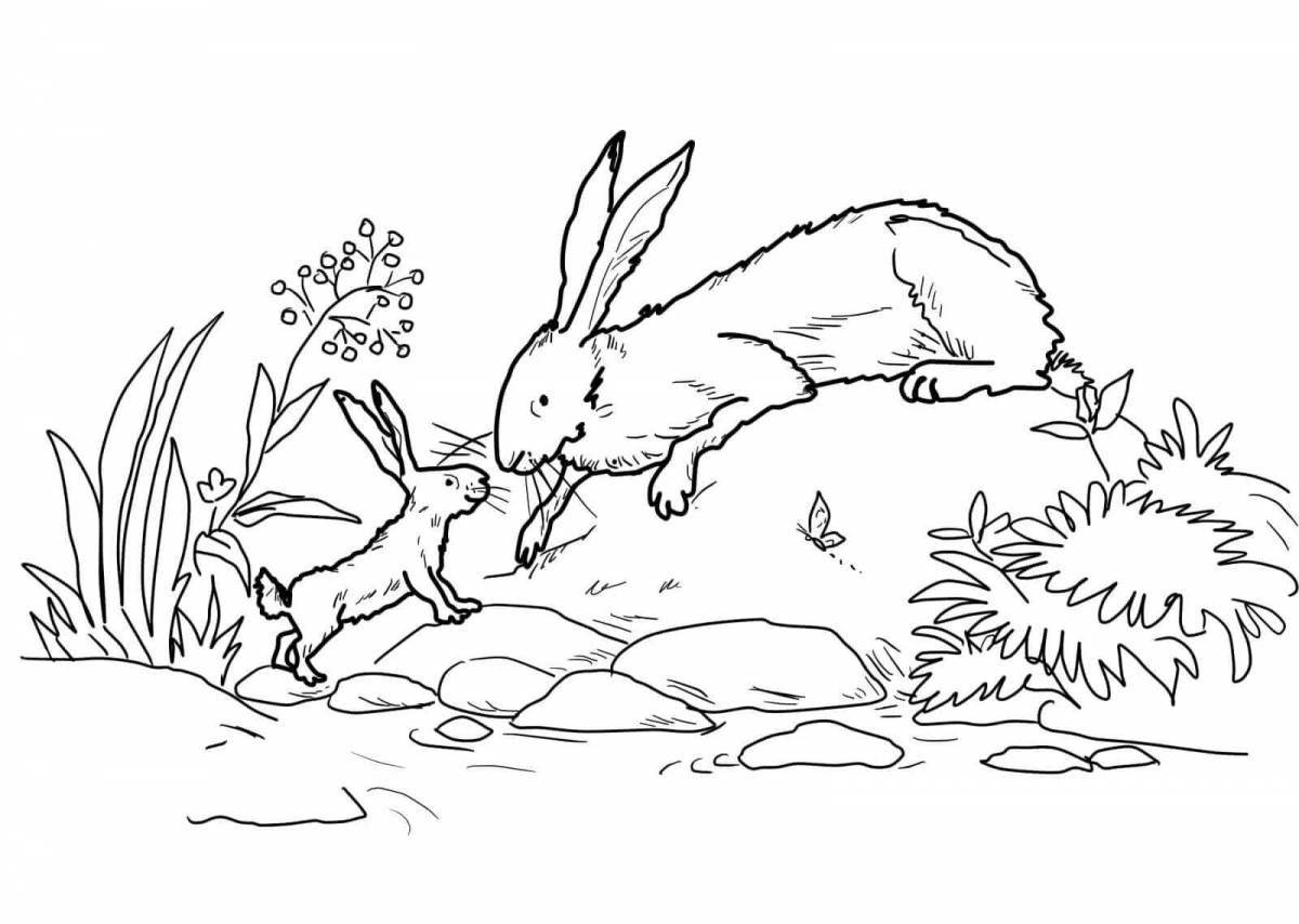 Coloring page colorful hunters and rabbits