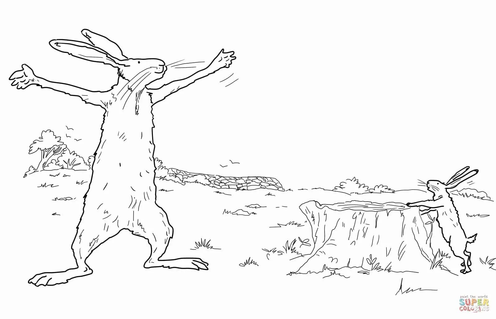 Glittering hunters and rabbits coloring page