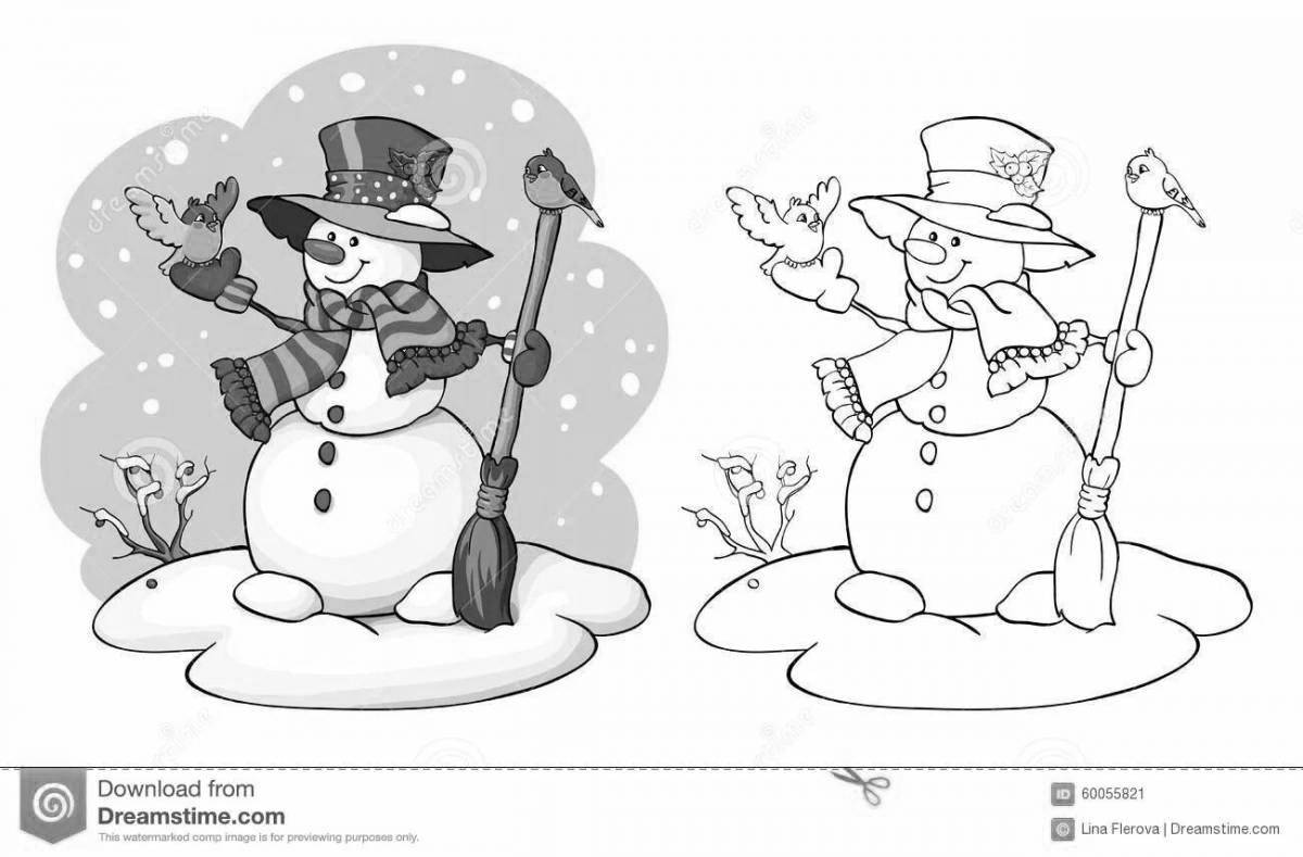 Joyful coloring of a snowman with a broom