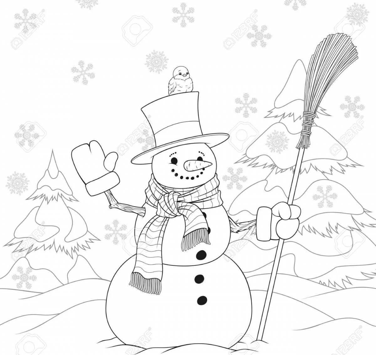 Playful coloring book snowman with a broom