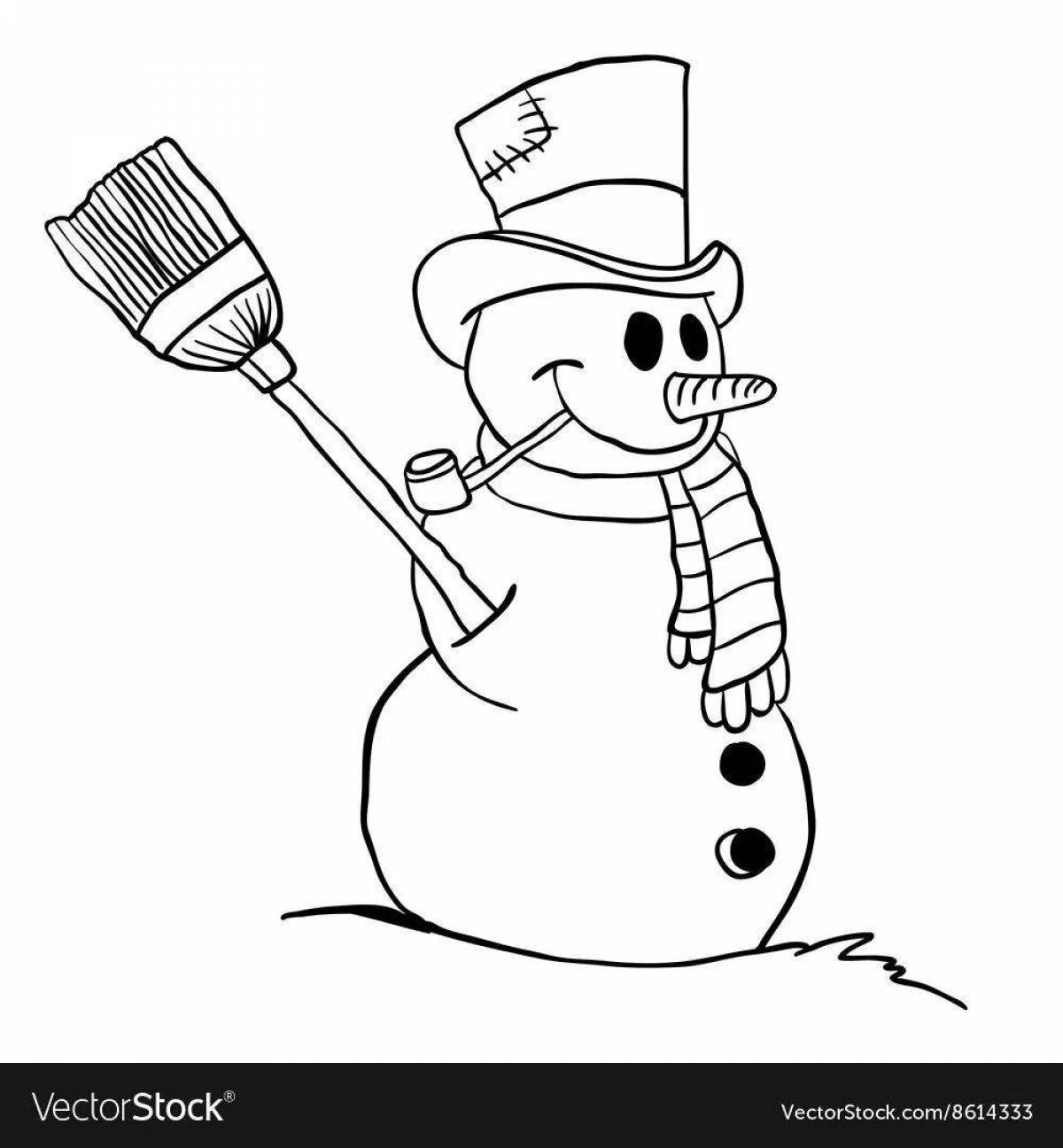 Colorful coloring book snowman with a broom