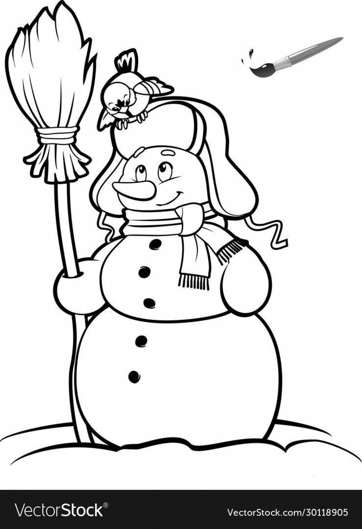 Photo Adorable snowman with broom coloring page