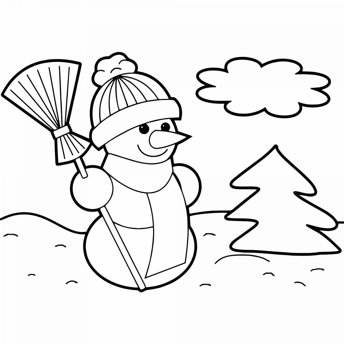 Photo Cute coloring book snowman with a broom