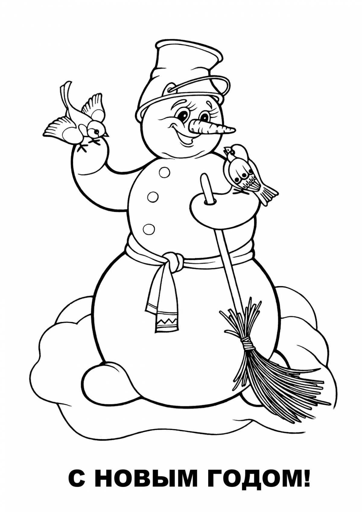 Delightful coloring book snowman with a broom