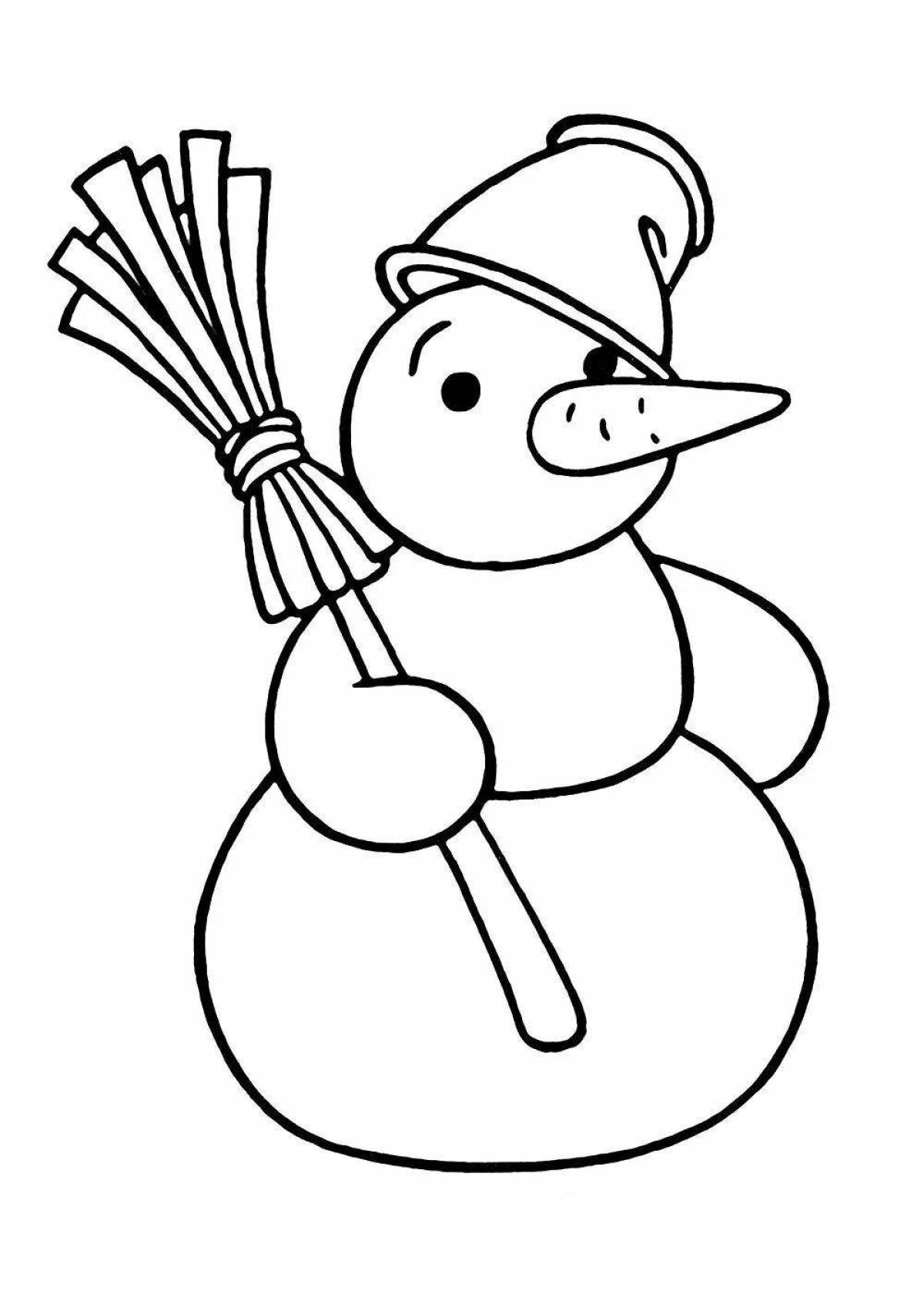 Humorous coloring book snowman with a broom