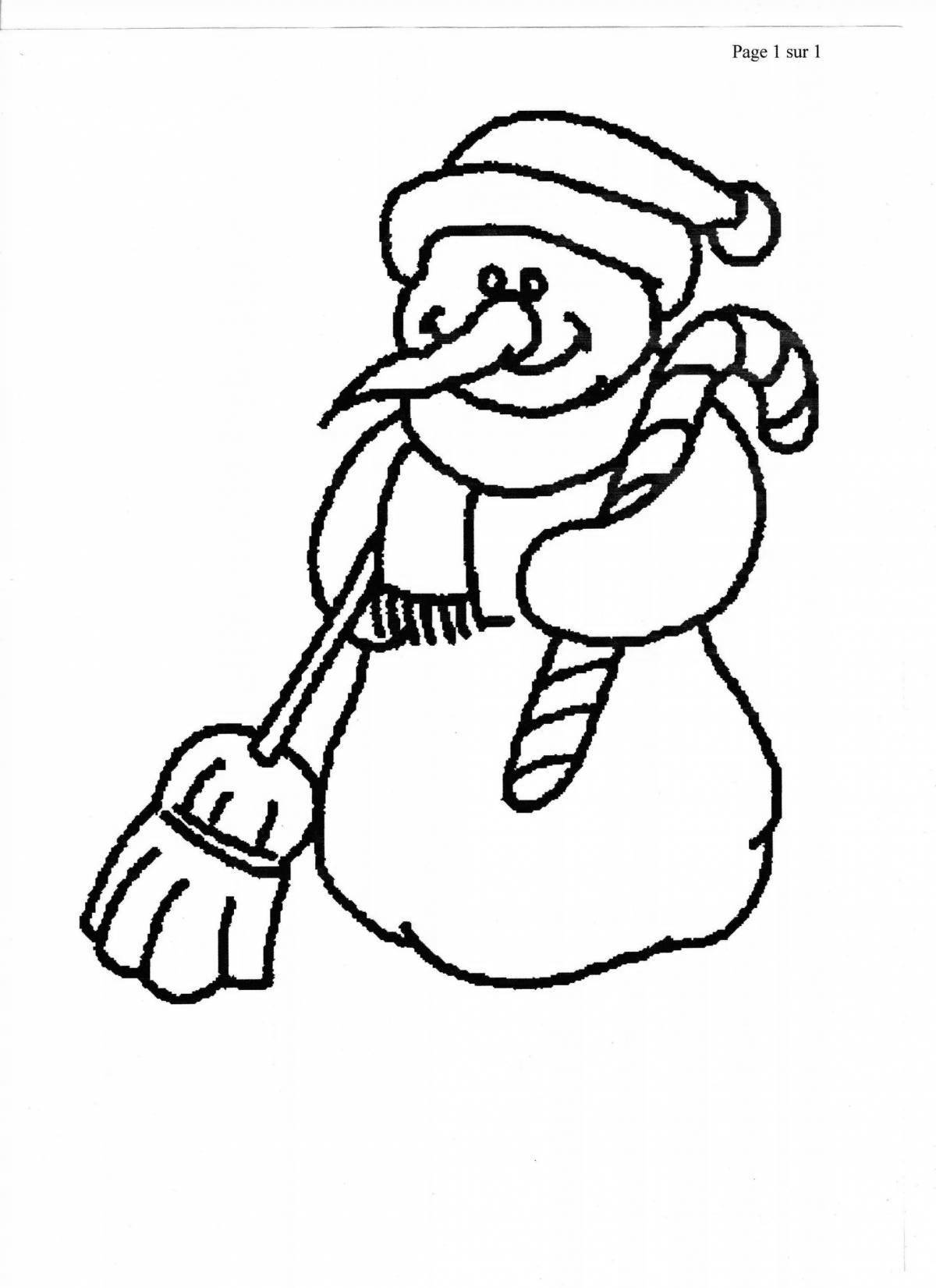Witty coloring book snowman with a broom