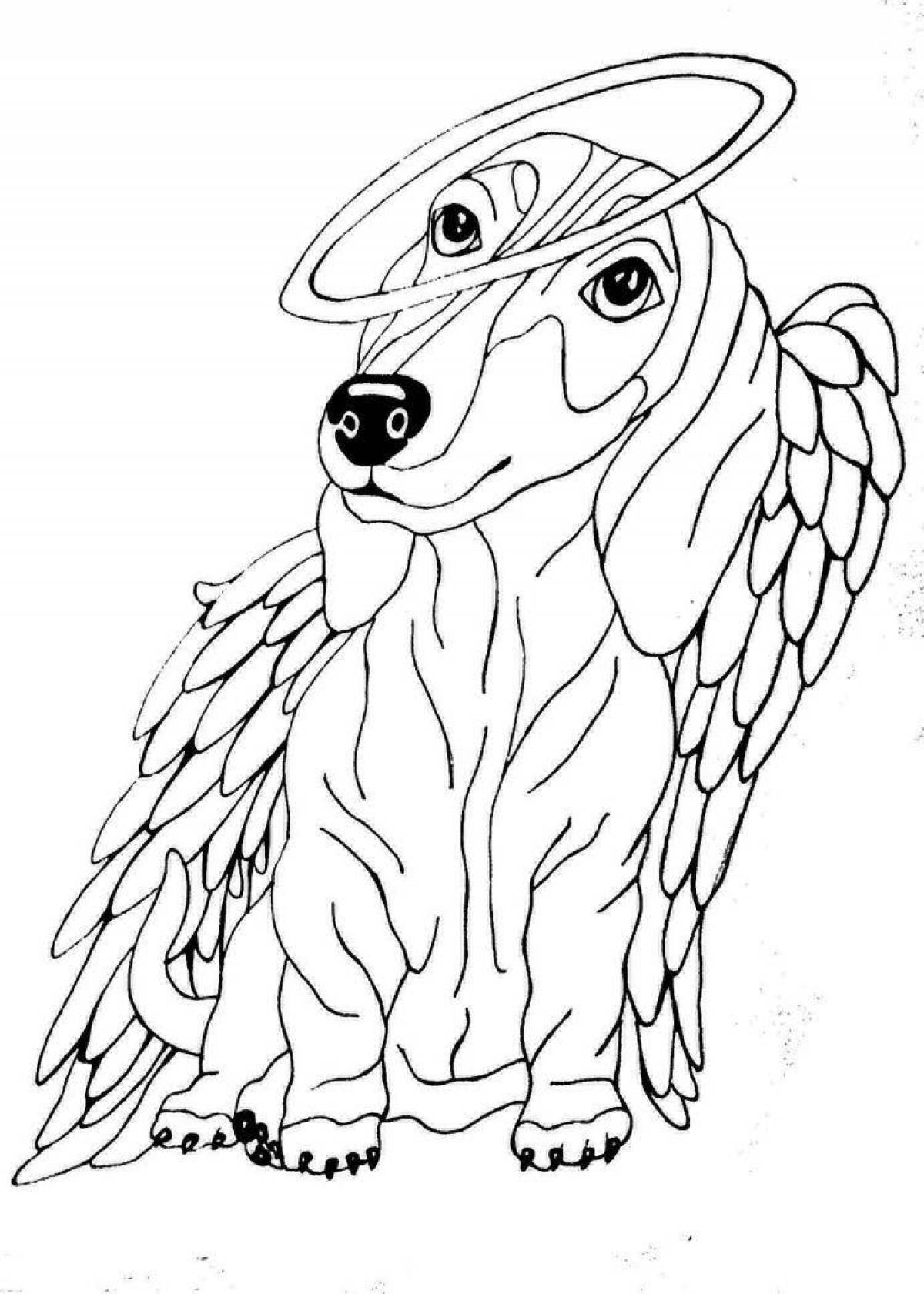 Радостная раскраска собака с крыльями