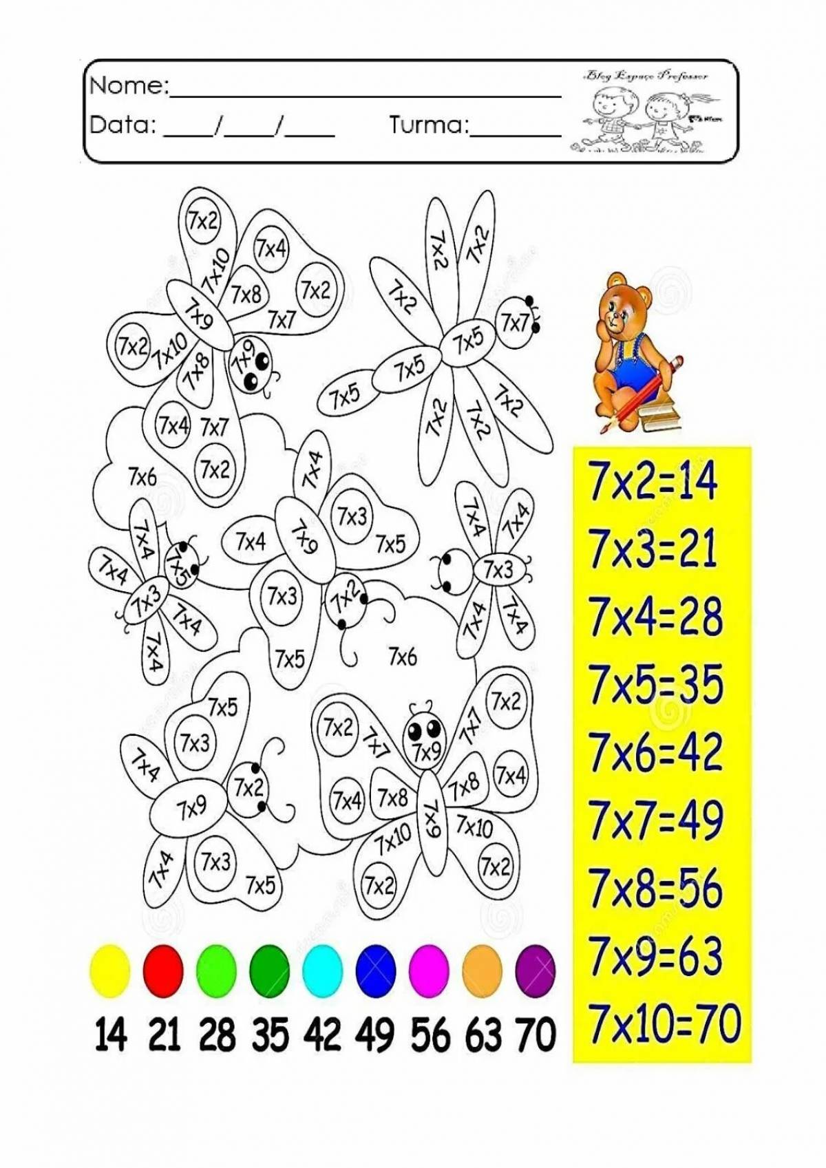 Раскраска «умножение на числа» в цвете