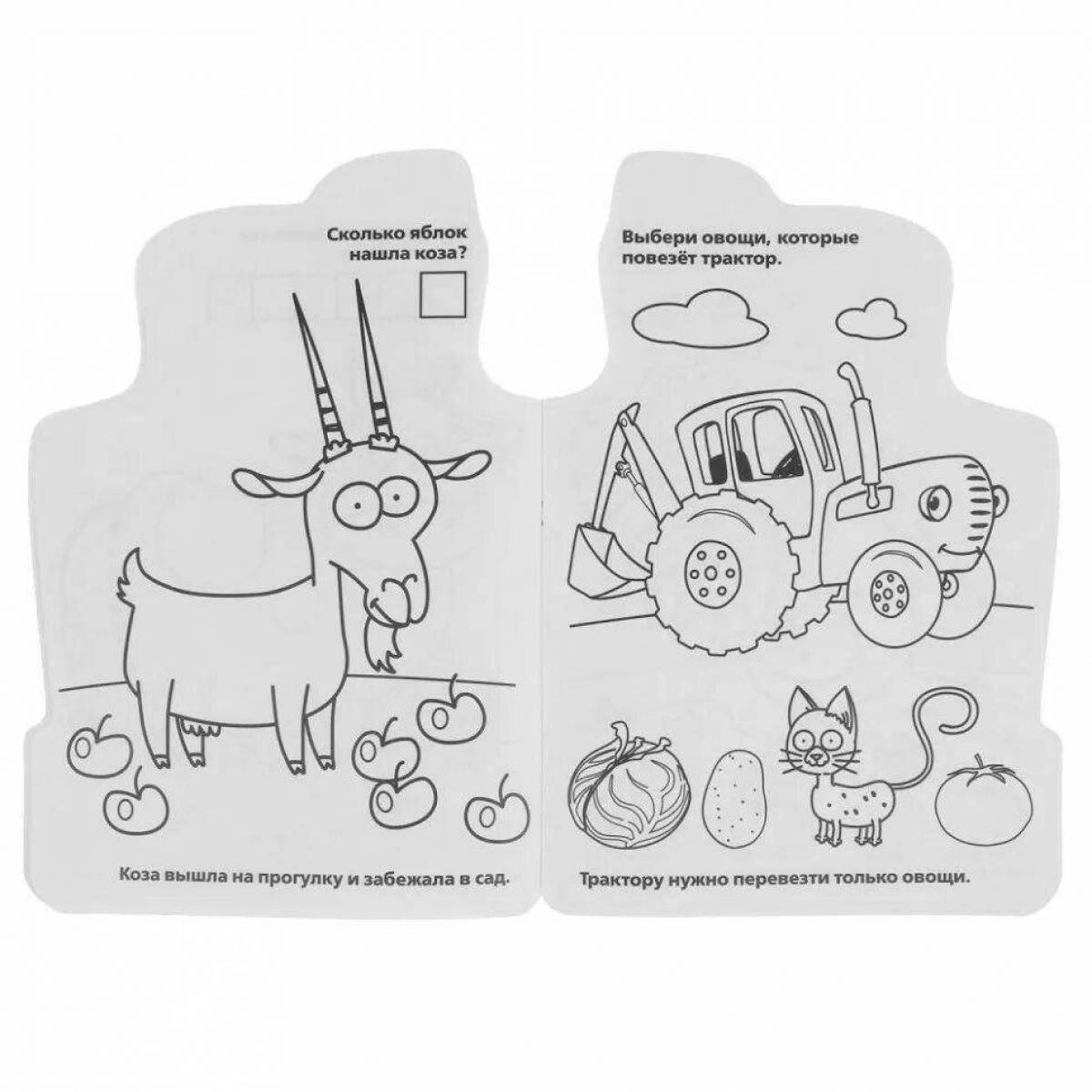 Coloring page joyful blue tractor animals