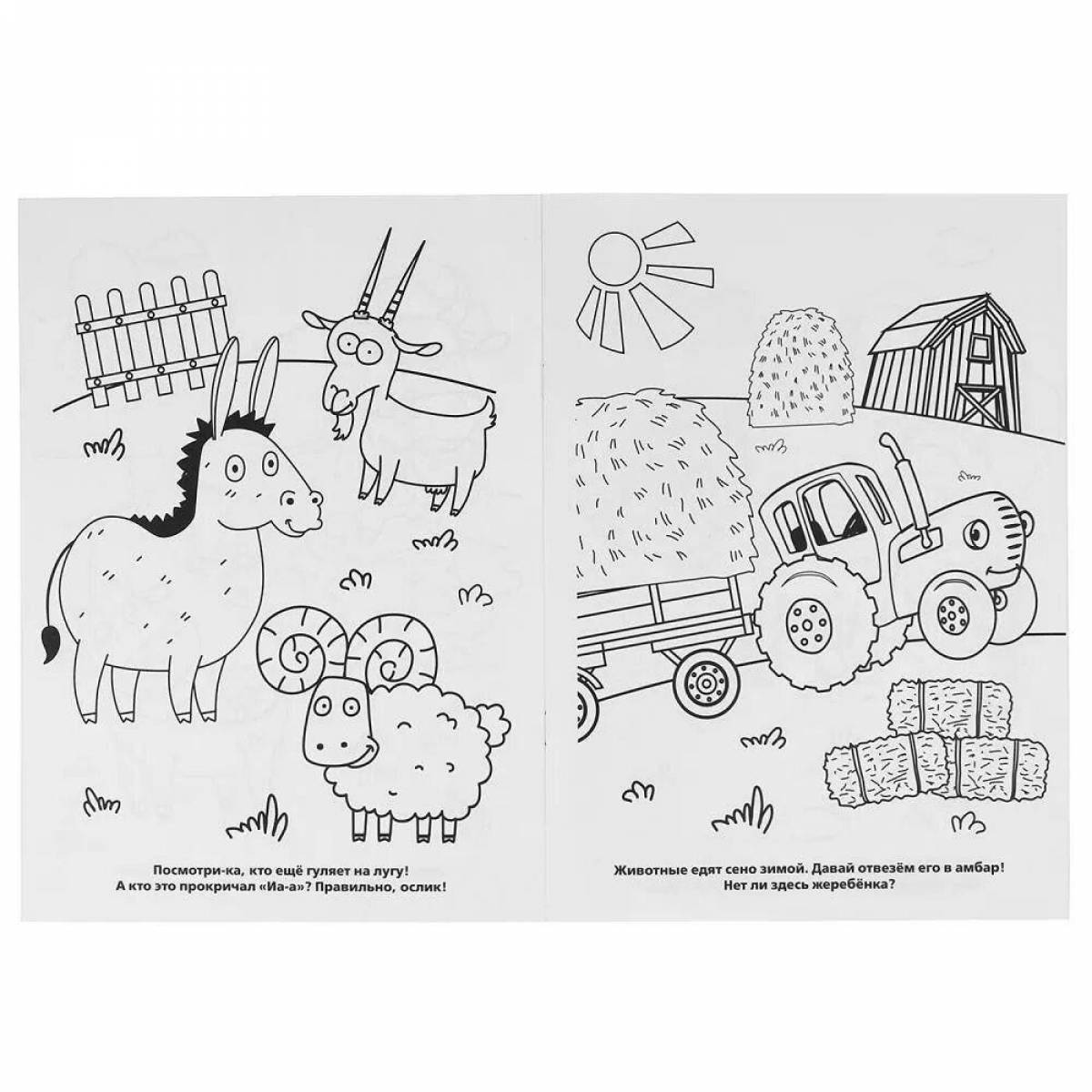 Coloring page exciting blue tractor animals