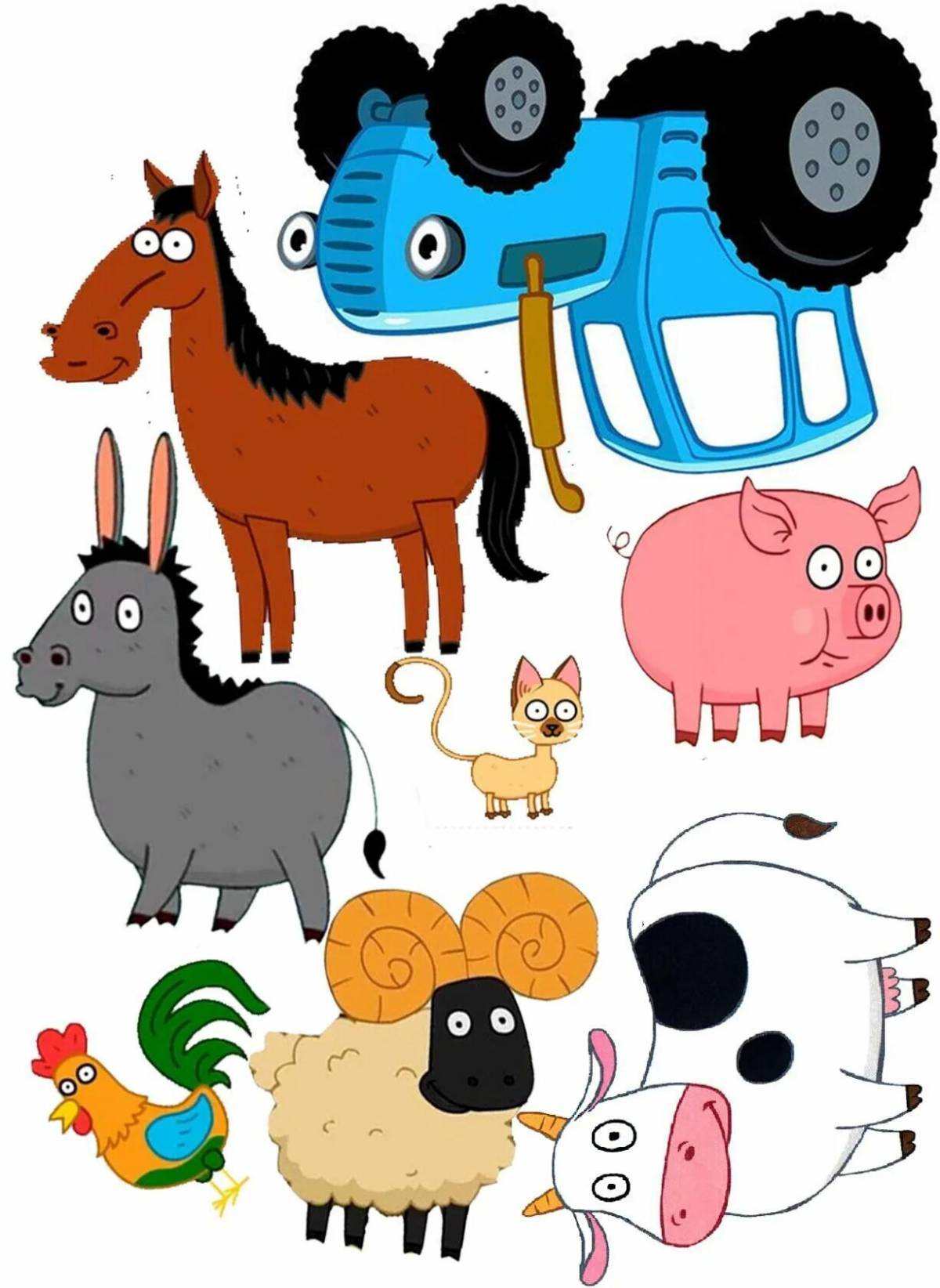 Gorgeous blue tractor animals coloring page