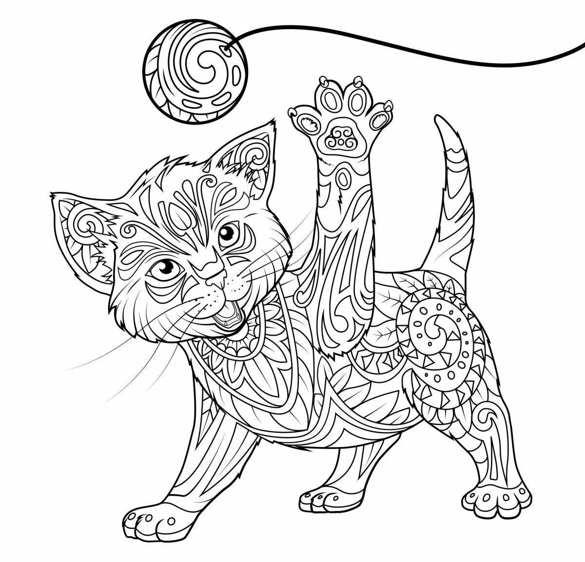 Coloring book with brightly patterned cat