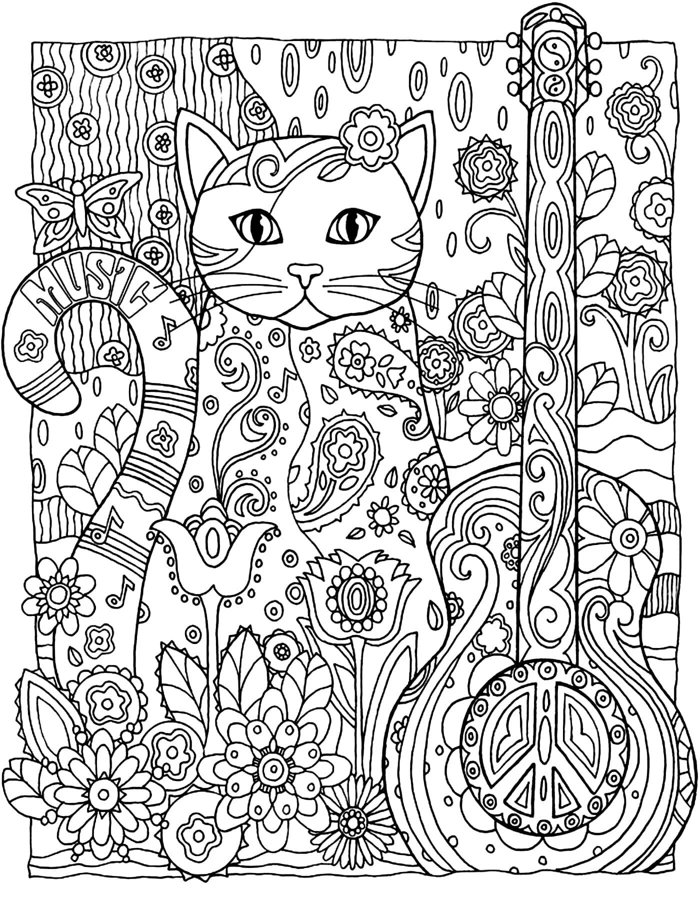 Великолепная страница раскраски узорчатой ​​кошки