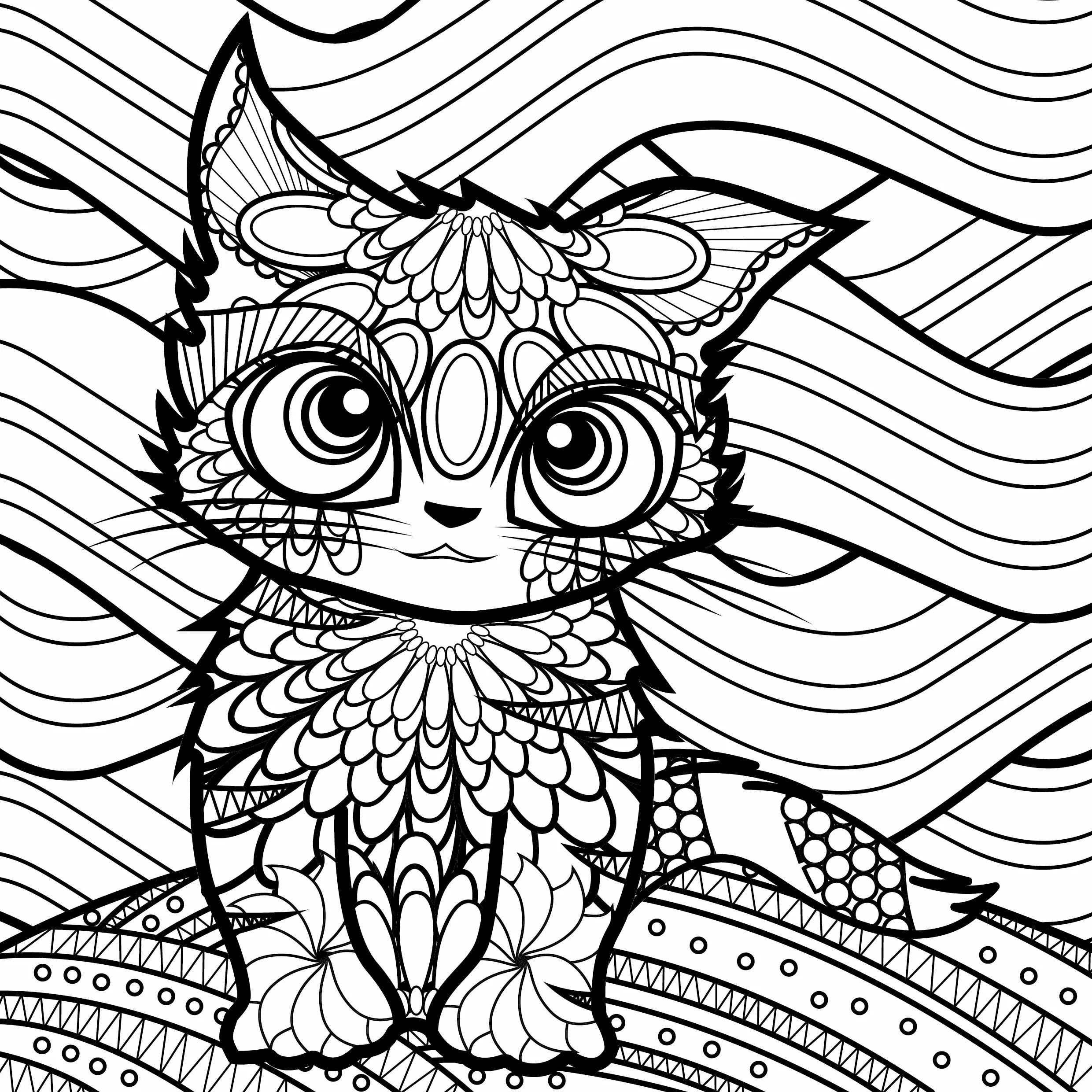 Dazzlingly patterned cat coloring page