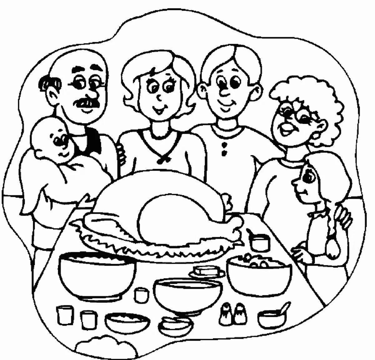 Coloring page joyful family at the table