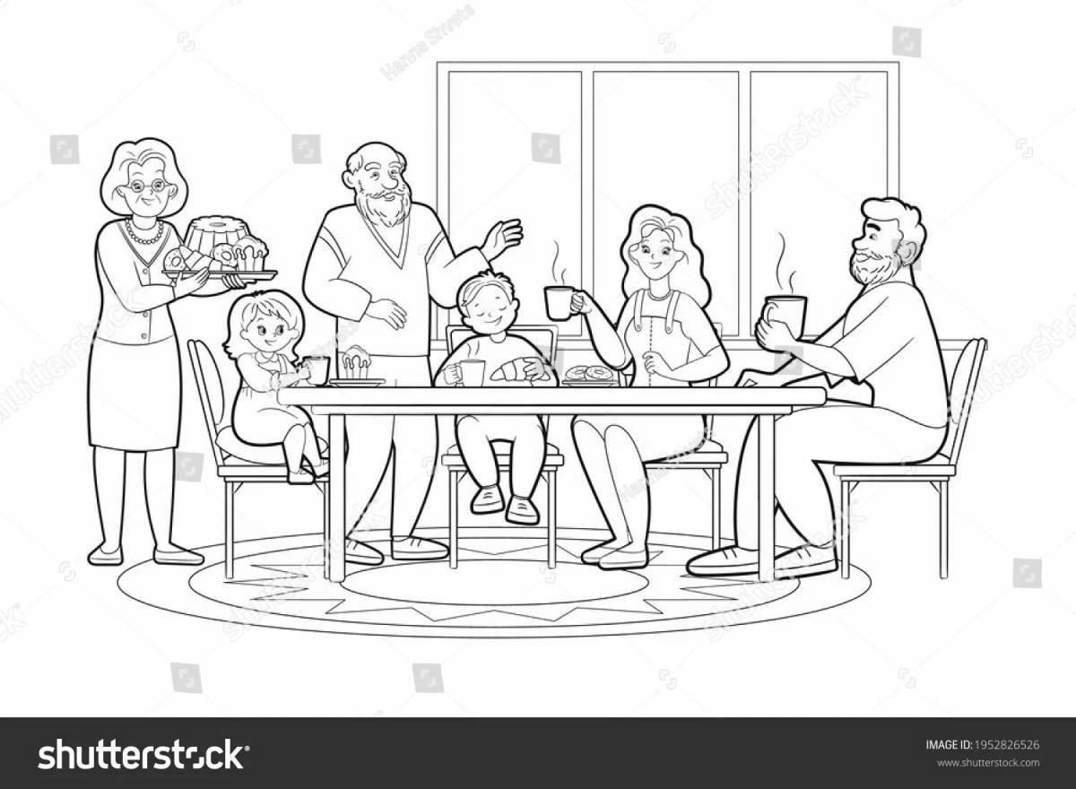 Раскраска праздничная семья за столом