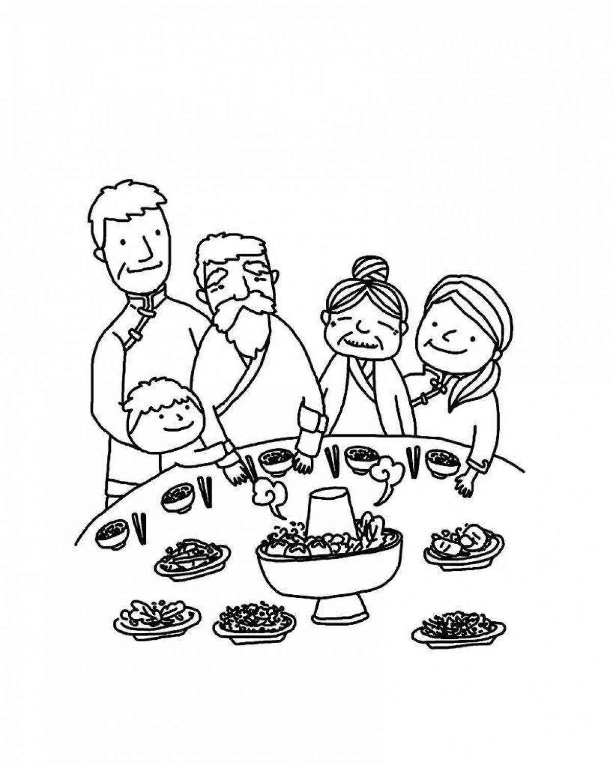 Coloring page excited family at the table