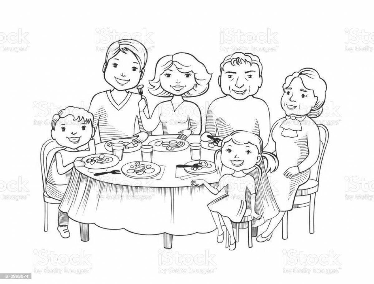 Content family on table coloring page