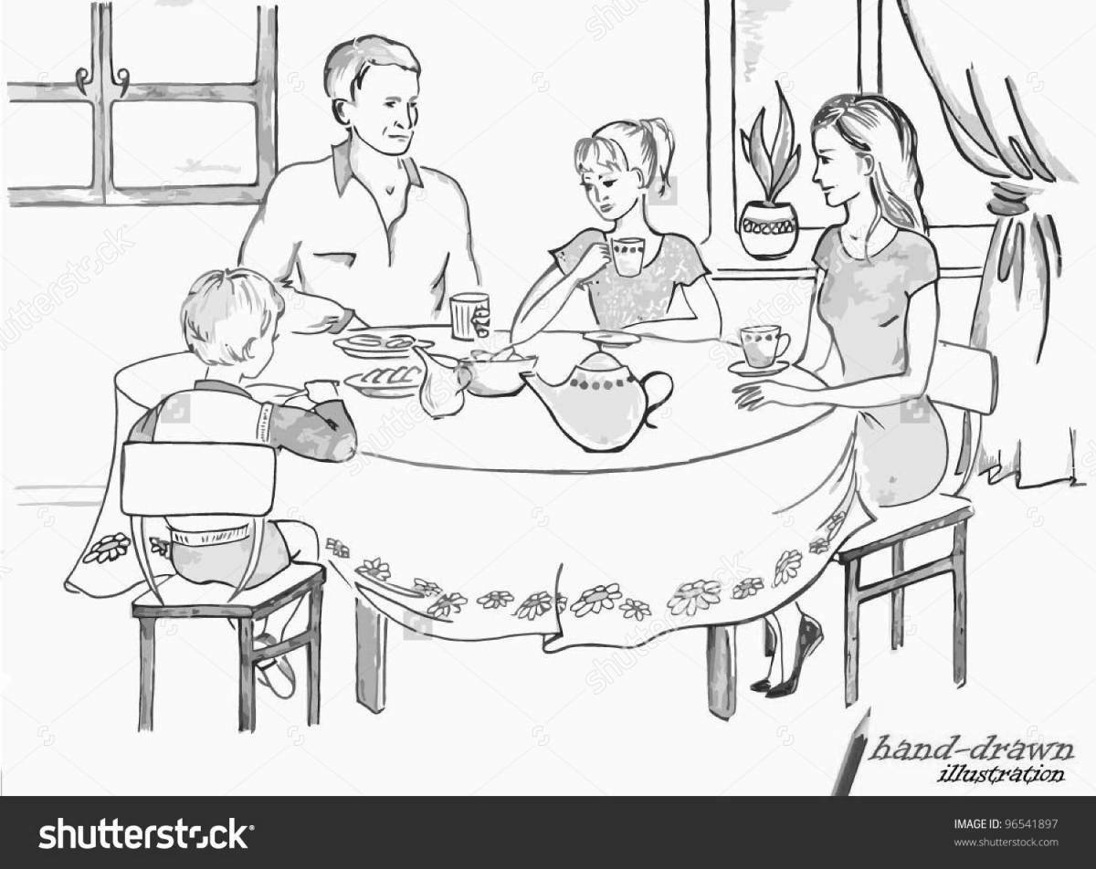 Coloring page rainbow family at the table