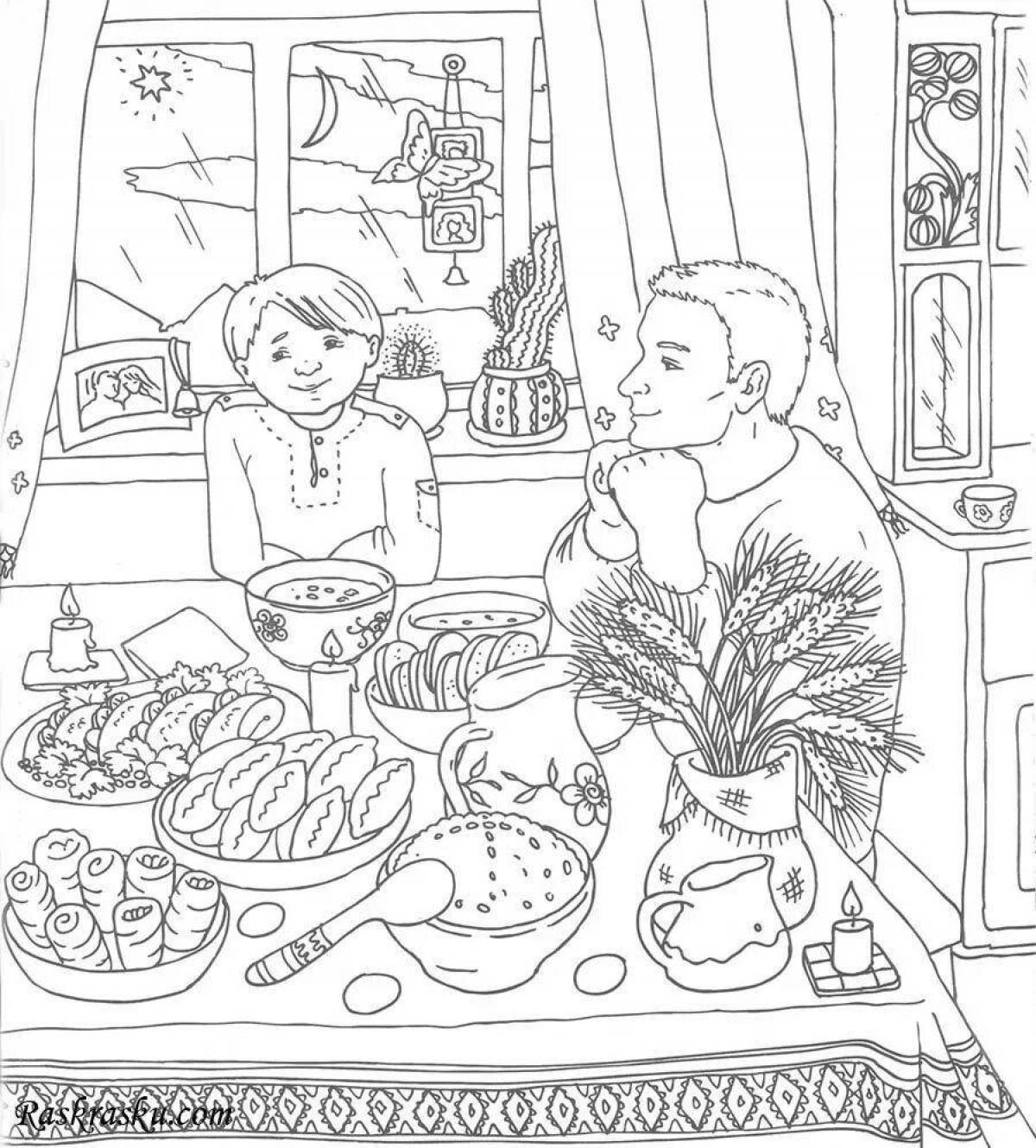 Coloring page cute family at the table