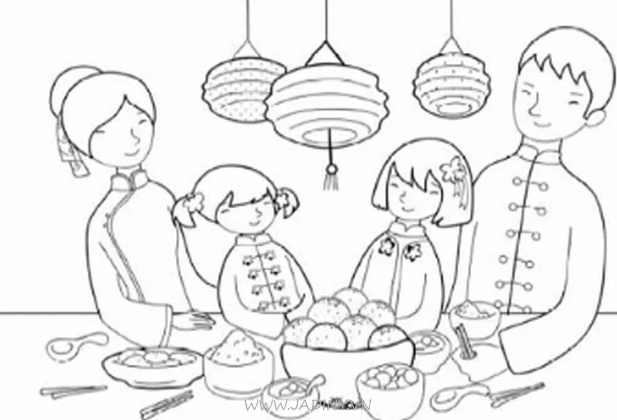 Harmonious family at the table coloring