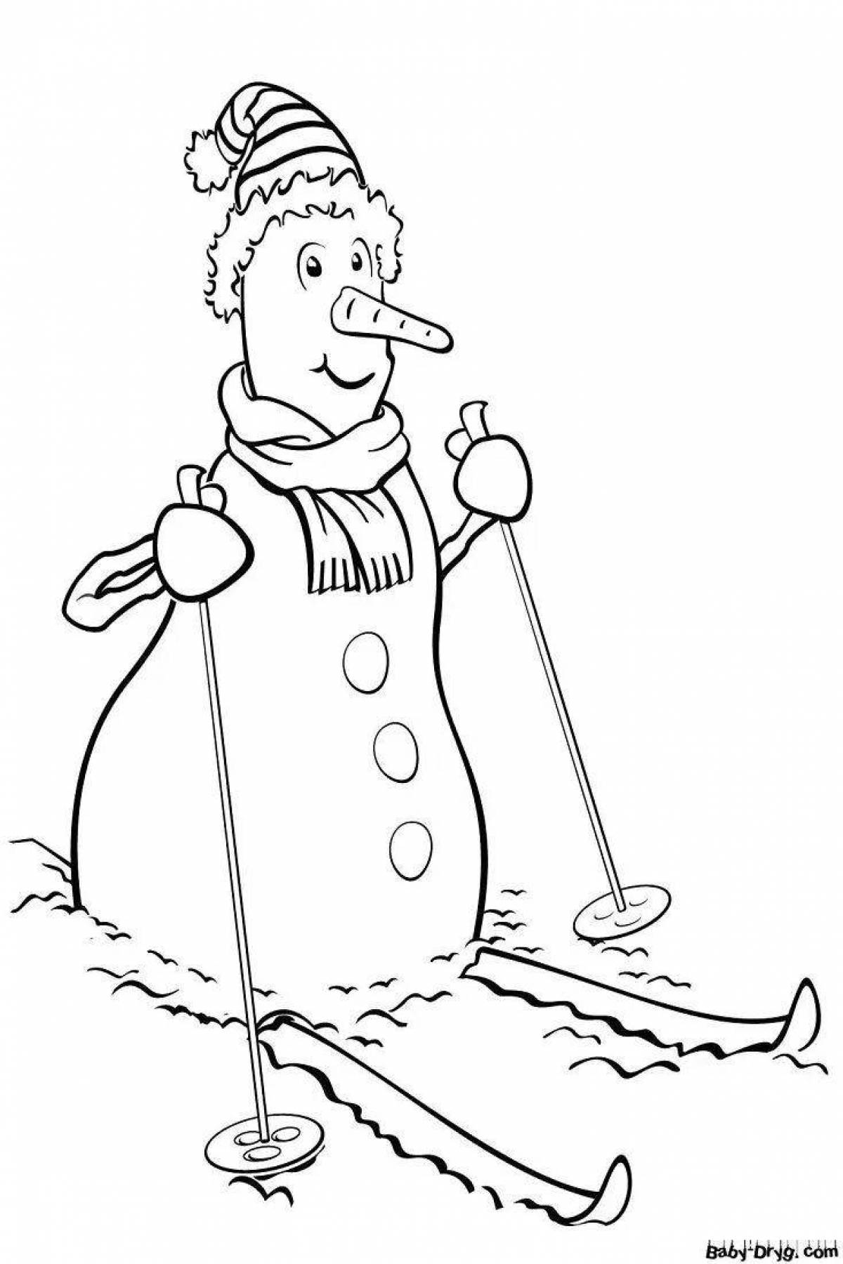 Shiny coloring book snowman on skates