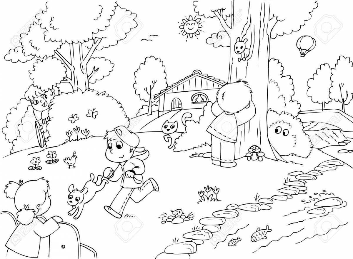 Joyful yard coloring pages for kids